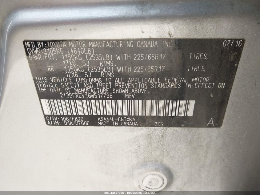 2016 Toyota Rav4 Le VIN: 2T3BFREV1GW517796 Lot: 43427086