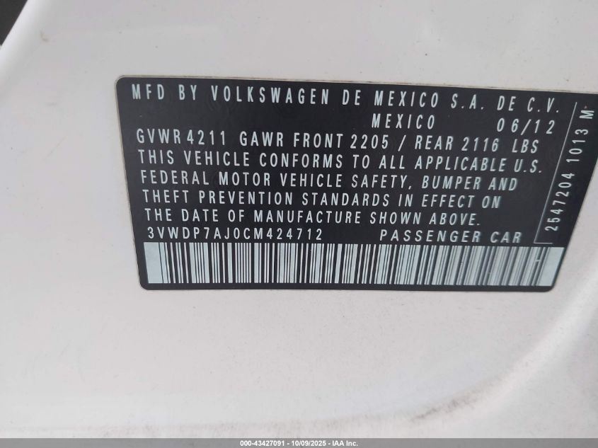 2012 Volkswagen Jetta 2.5L Se VIN: 3VWDP7AJ0CM424712 Lot: 43427091