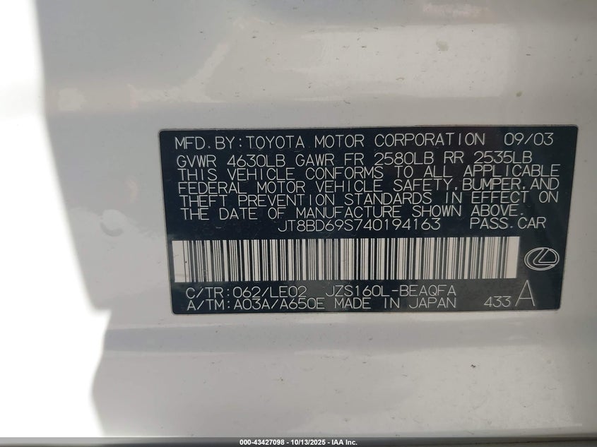 JT8BD69S740194163 2004 LEXUS GS 300 photo no. 9