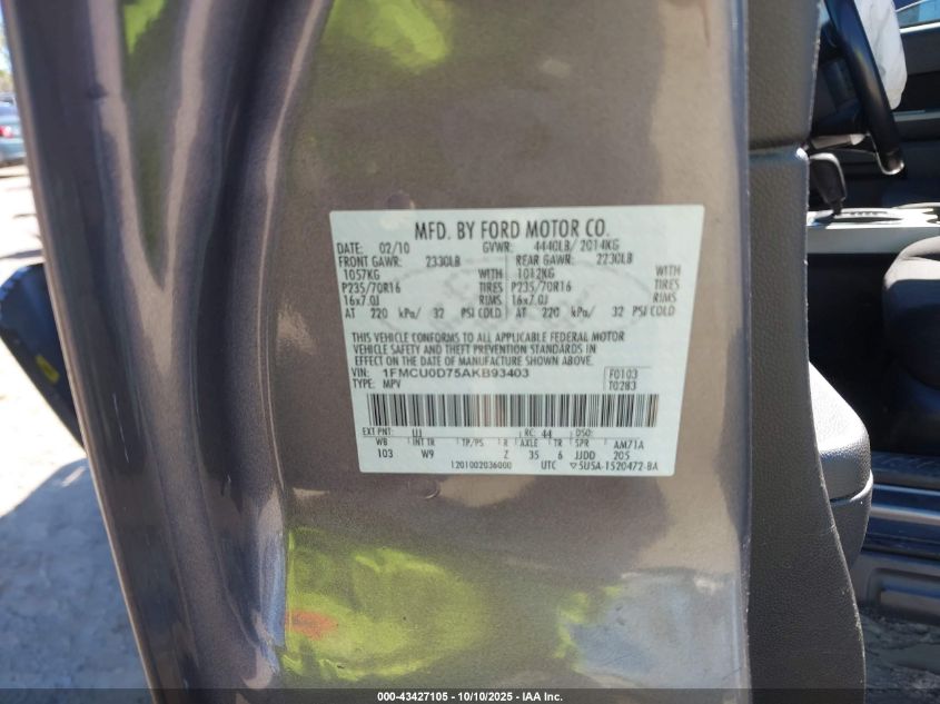 2010 Ford Escape Xlt VIN: 1FMCU0D75AKB93403 Lot: 43427105