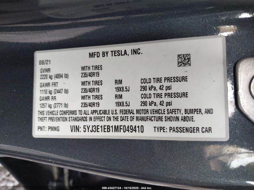 2021 Tesla Model 3 Long Range Dual Motor All-Wheel Drive VIN: 5YJ3E1EB1MF049410 Lot: 43427134