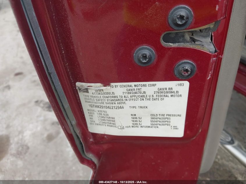 2004 GMC Sierra 2500Hd Sle VIN: 1GTHK29104E212944 Lot: 43427148