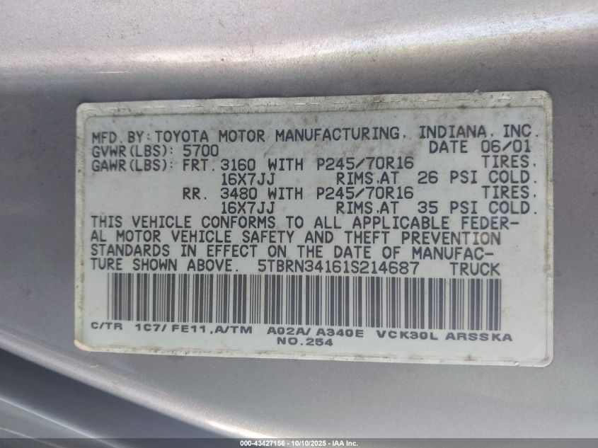 2001 Toyota Tundra Sr5 VIN: 5TBRN34161S214687 Lot: 43427156