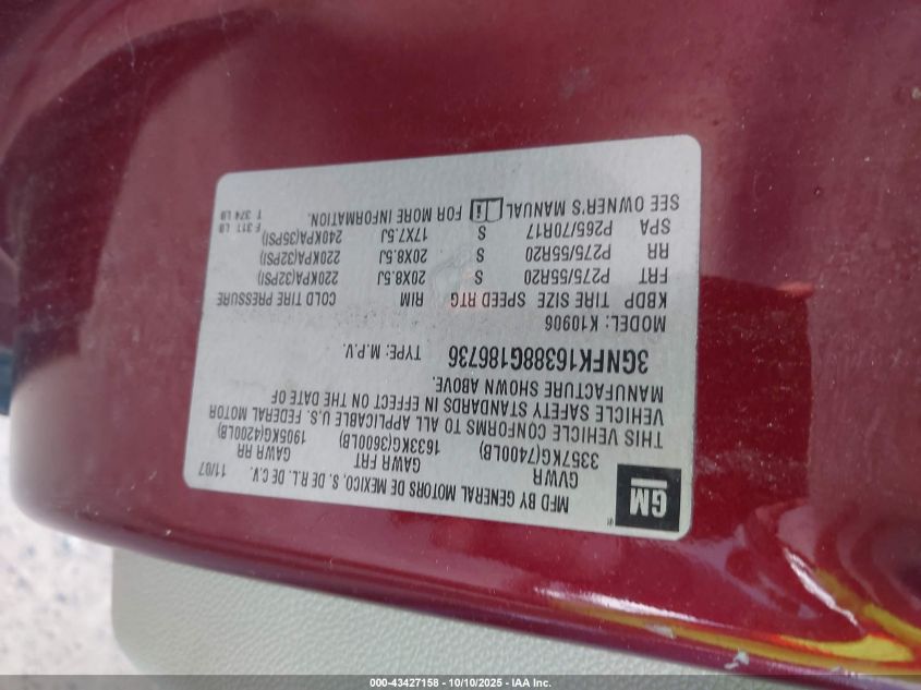 2008 Chevrolet Suburban 1500 Ltz VIN: 3GNFK16388G186736 Lot: 43427158