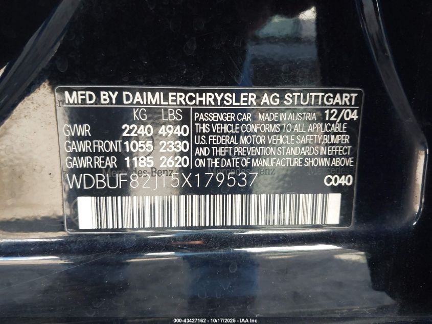 2005 Mercedes-Benz E 320 4Matic VIN: WDBUF82J15X179537 Lot: 43427162