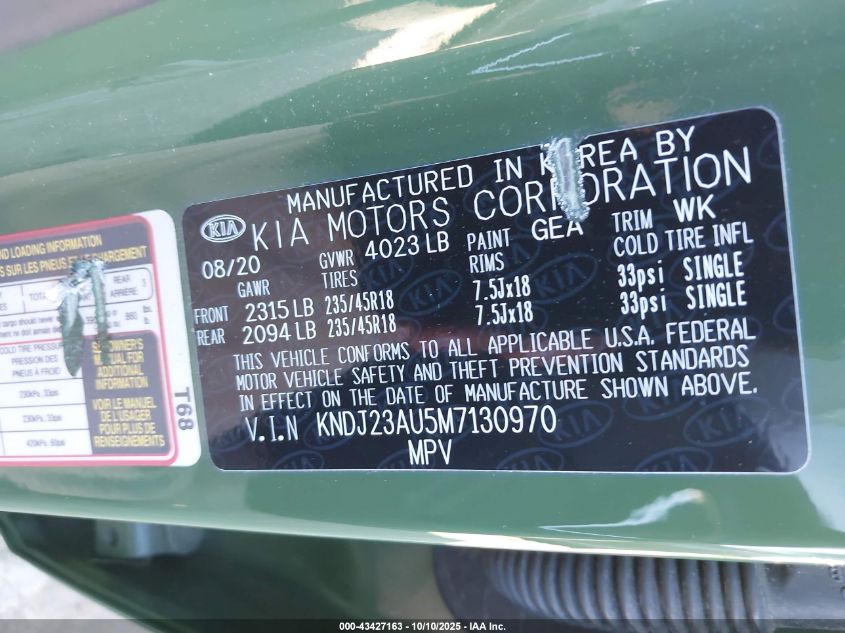 2021 Kia Soul X-Line VIN: KNDJ23AU5M7130970 Lot: 43427163