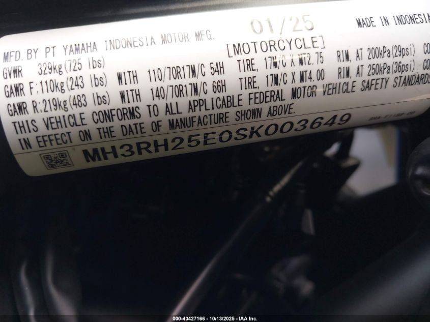 2025 Yamaha Yfz320 A VIN: MH3RH25E0SK003649 Lot: 43427166