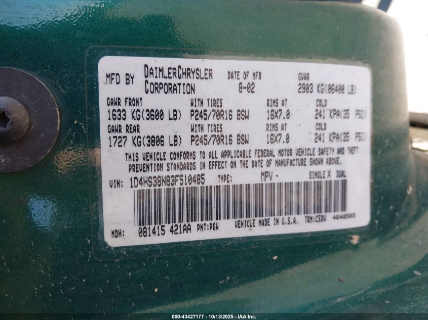 2003 Dodge Durango Sport/Sxt VIN: 1D4HS38N83F510485 Lot: 43427177