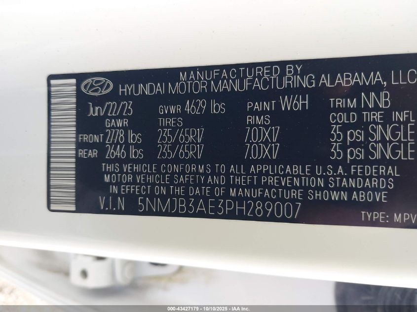 2023 Hyundai Tucson Sel VIN: 5NMJB3AE3PH289007 Lot: 43427179