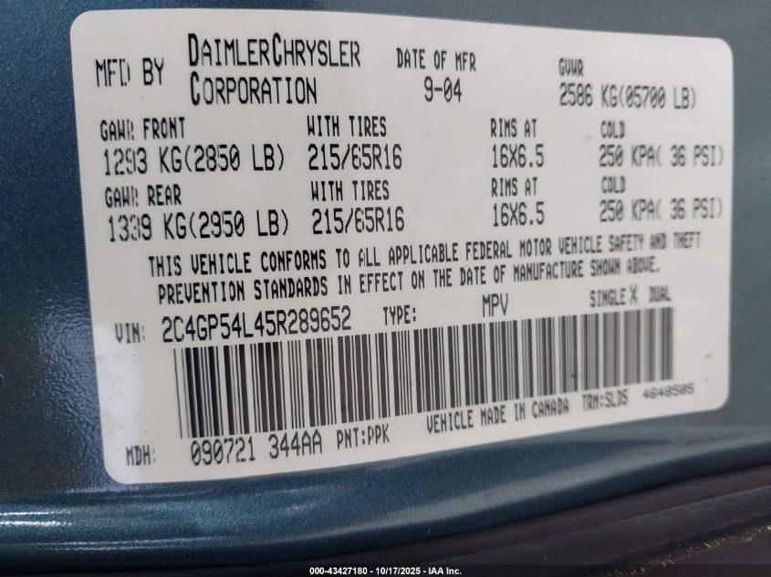 2005 Chrysler Town & Country Touring VIN: 2C4GP54L45R289652 Lot: 43427180