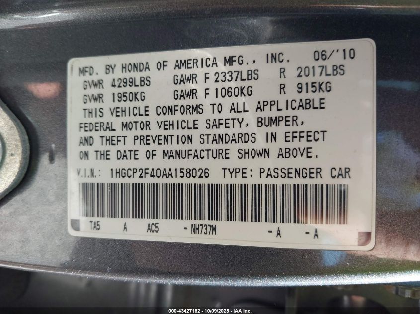 2010 Honda Accord 2.4 Lx-P VIN: 1HGCP2F40AA158026 Lot: 43427182