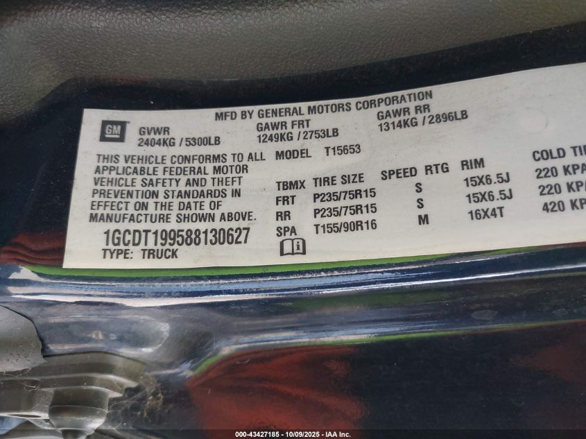 2008 Chevrolet Colorado Lt VIN: 1GCDT199588130627 Lot: 43427185