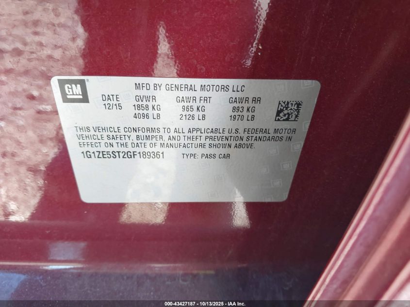 2016 Chevrolet Malibu 1Lt VIN: 1G1ZE5ST2GF189361 Lot: 43427187