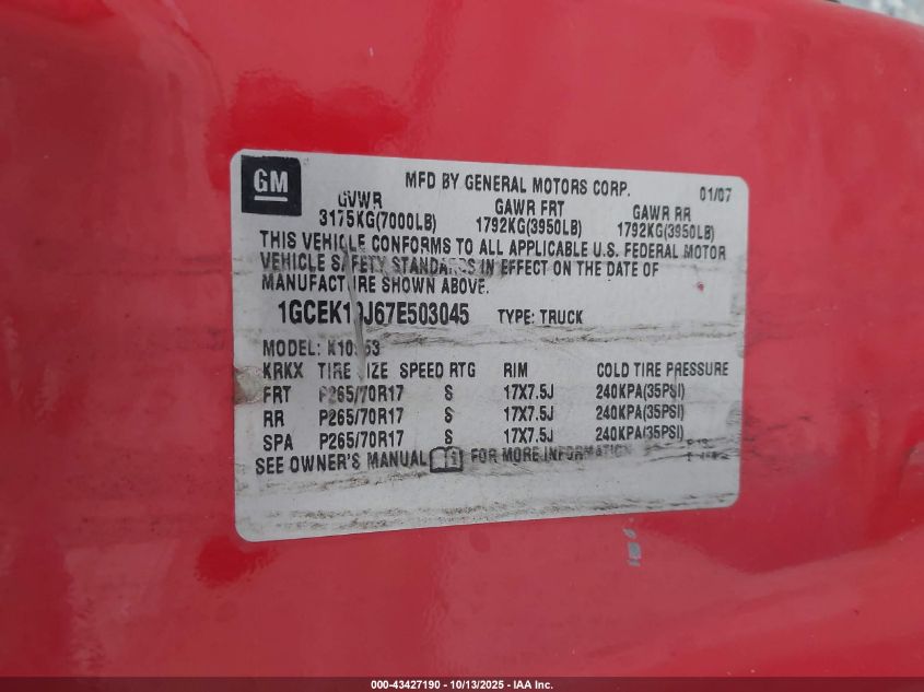2007 Chevrolet Silverado 1500 Lt1 VIN: 1GCEK19J67E503045 Lot: 43427190