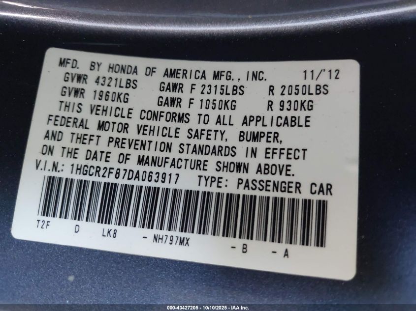 2013 Honda Accord Ex-L VIN: 1HGCR2F87DA063917 Lot: 43427205
