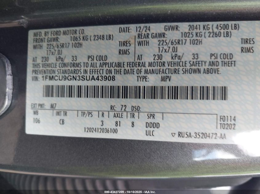 2025 Ford Escape Active VIN: 1FMCU9GN3SUA43908 Lot: 43427209