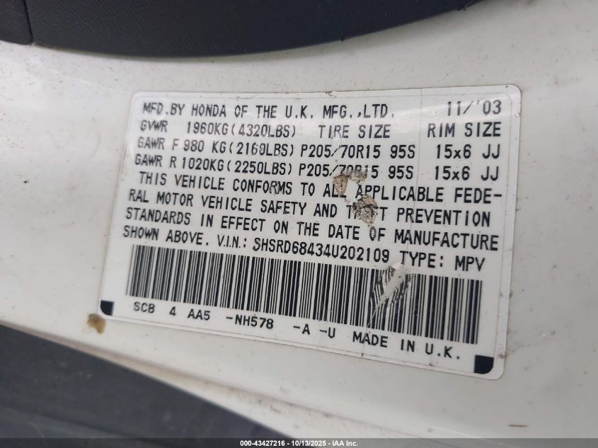 2004 Honda Cr-V Lx VIN: SHSRD68434U202109 Lot: 43427216