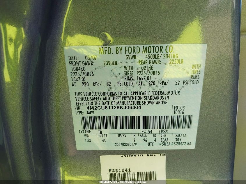 2008 Mercury Mariner V6 VIN: 4M2CU81128KJ06404 Lot: 43427221