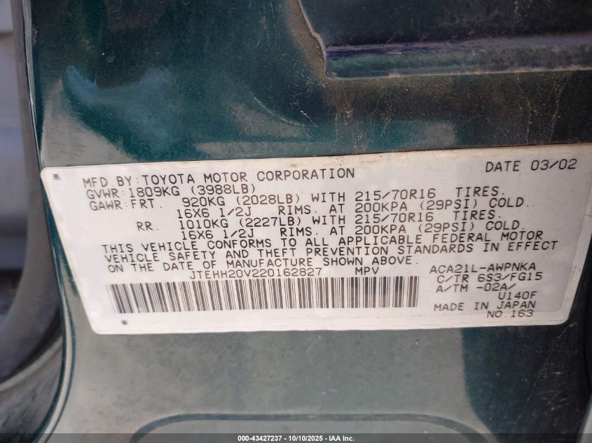 2002 Toyota Rav4 VIN: JTEHH20V220162827 Lot: 43427237