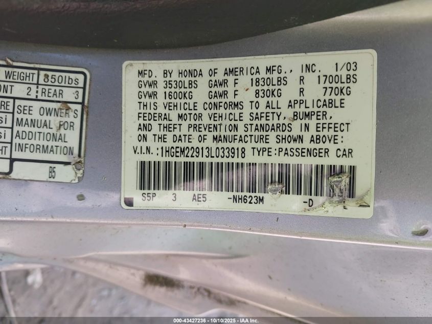 2003 Honda Civic Ex VIN: 1HGEM22913L033918 Lot: 43427236