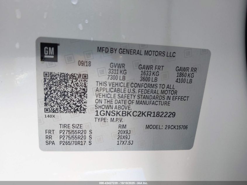 2019 Chevrolet Tahoe Lt VIN: 1GNSKBKC2KR182229 Lot: 43427239