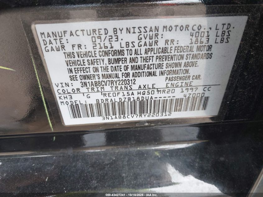 2024 Nissan Sentra Sv Xtronic Cvt VIN: 3N1AB8CV7RY220312 Lot: 43427241