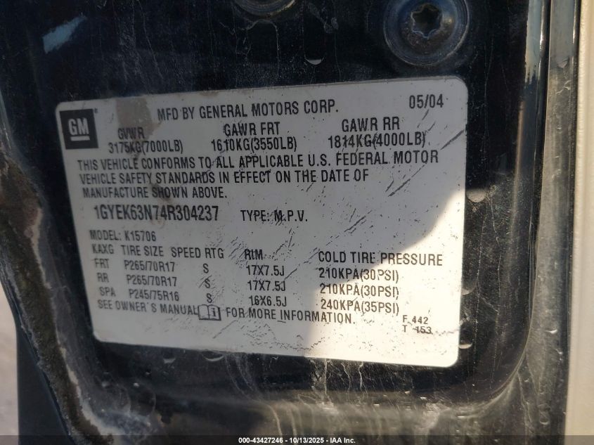 2004 Cadillac Escalade Standard VIN: 1GYEK63N74R304237 Lot: 43427246
