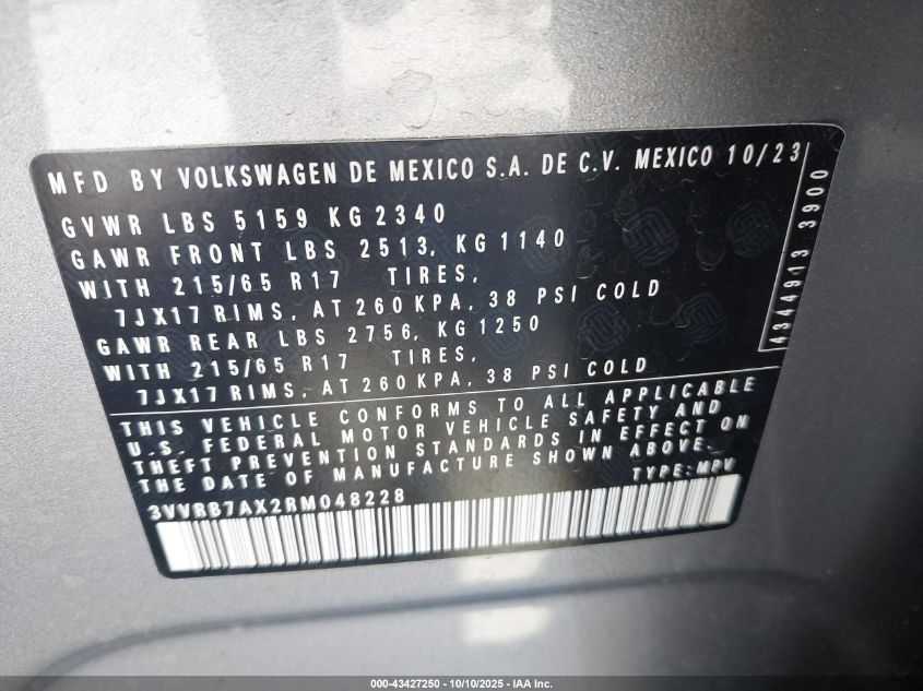 2024 Volkswagen Tiguan 2.0T S VIN: 3VVRB7AX2RM048228 Lot: 43427250