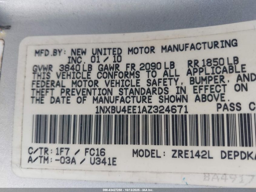 2010 Toyota Corolla Le VIN: 1NXBU4EE1AZ324671 Lot: 43427258