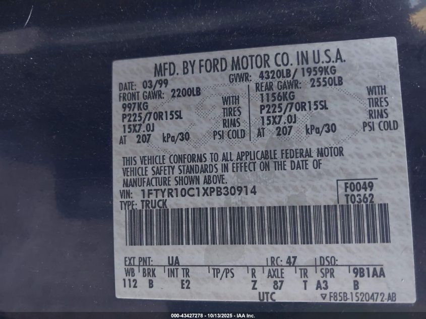 1999 Ford Ranger Xl/Xlt VIN: 1FTYR10C1XPB30914 Lot: 43427278