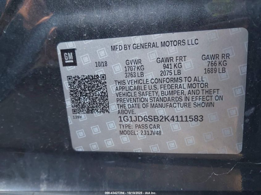 2019 Chevrolet Sonic Lt Auto VIN: 1G1JD6SB2K4111583 Lot: 43427294