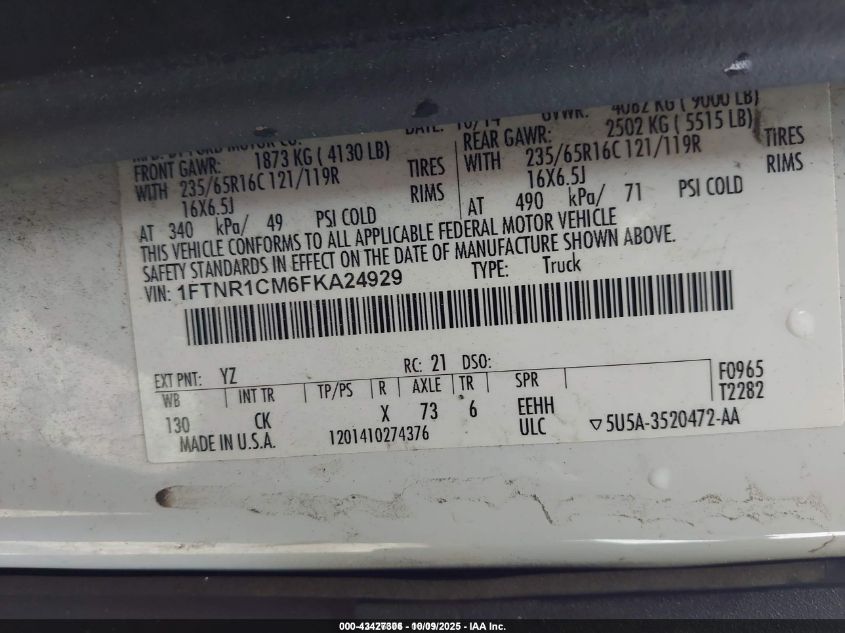 2015 Ford Transit-250 VIN: 1FTNR1CM6FKA24929 Lot: 43427306