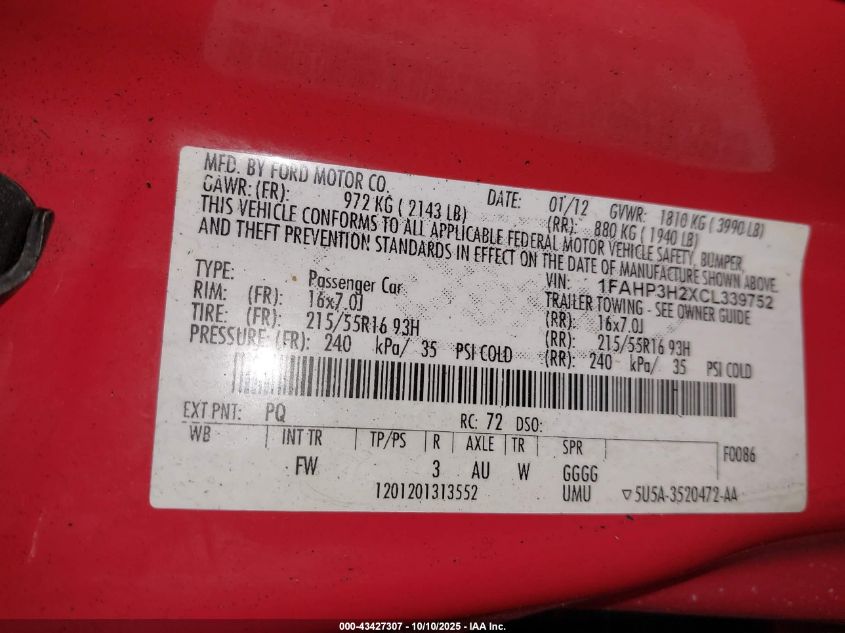 2012 Ford Focus Sel VIN: 1FAHP3H2XCL339752 Lot: 43427307