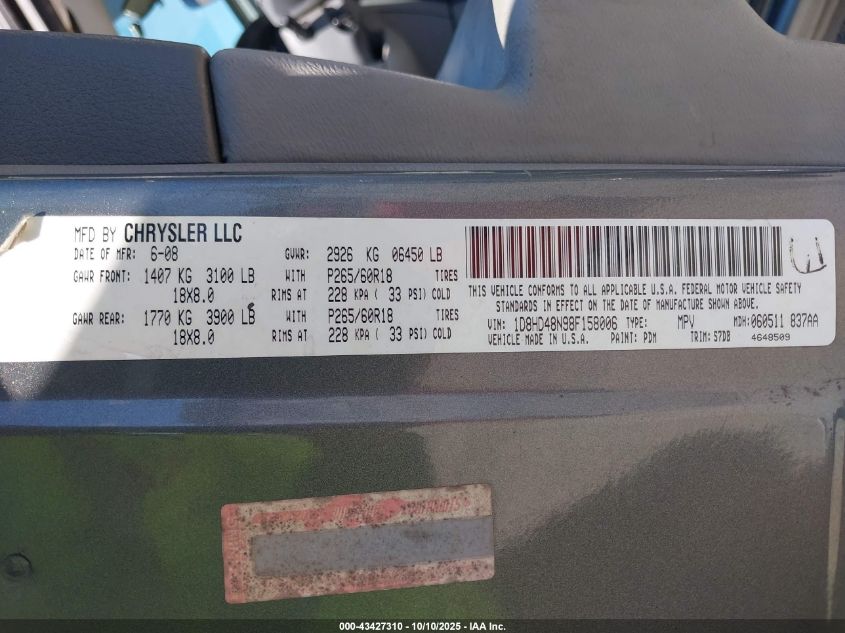 2008 Dodge Durango Slt VIN: 1D8HD48N98F158006 Lot: 43427310