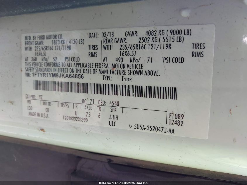 2018 Ford Transit-250 VIN: 1FTYR1YM9JKA64856 Lot: 43427317