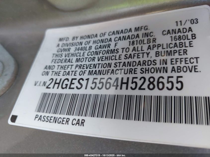 2004 Honda Civic Lx VIN: 2HGES15564H528655 Lot: 43427319