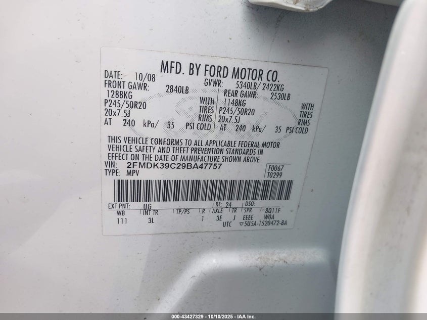 2009 Ford Edge Limited VIN: 2FMDK39C29BA47757 Lot: 43427329