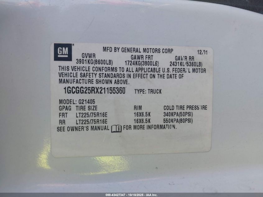 2002 Chevrolet Express VIN: 1GCGG25RX21155360 Lot: 43427347