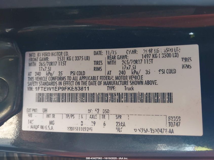 2015 Ford F-150 Xlt VIN: 1FTEW1EP9FKE83811 Lot: 43427362
