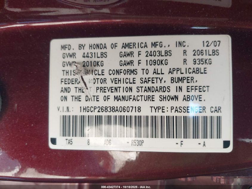 2008 Honda Accord 2.4 Ex-L VIN: 1HGCP26838A060718 Lot: 43427374