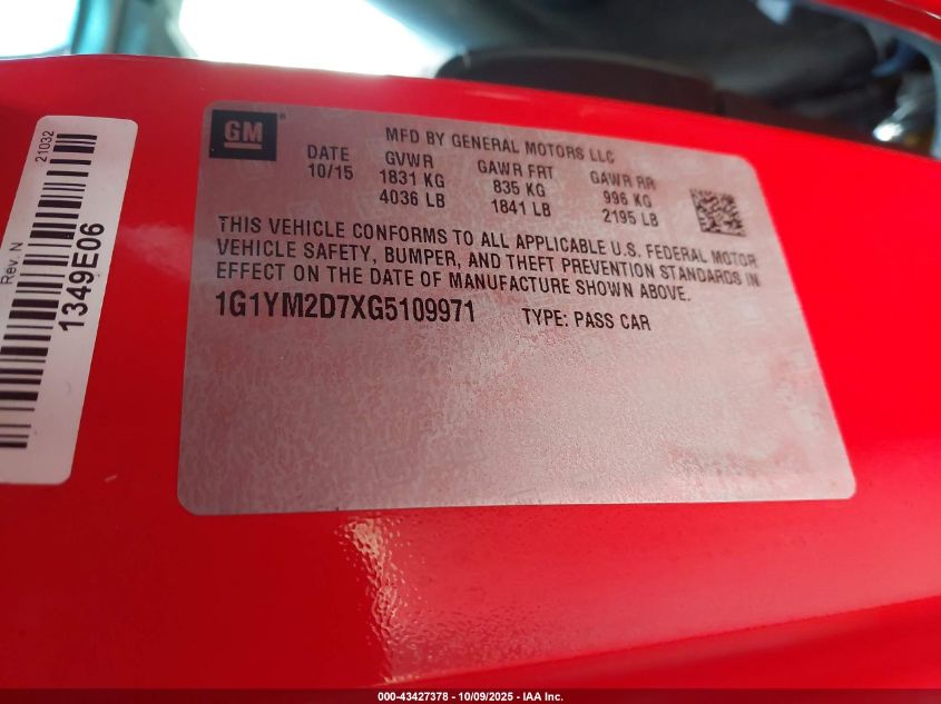 2016 Chevrolet Corvette Stingray Z51 VIN: 1G1YM2D7XG5109971 Lot: 43427378