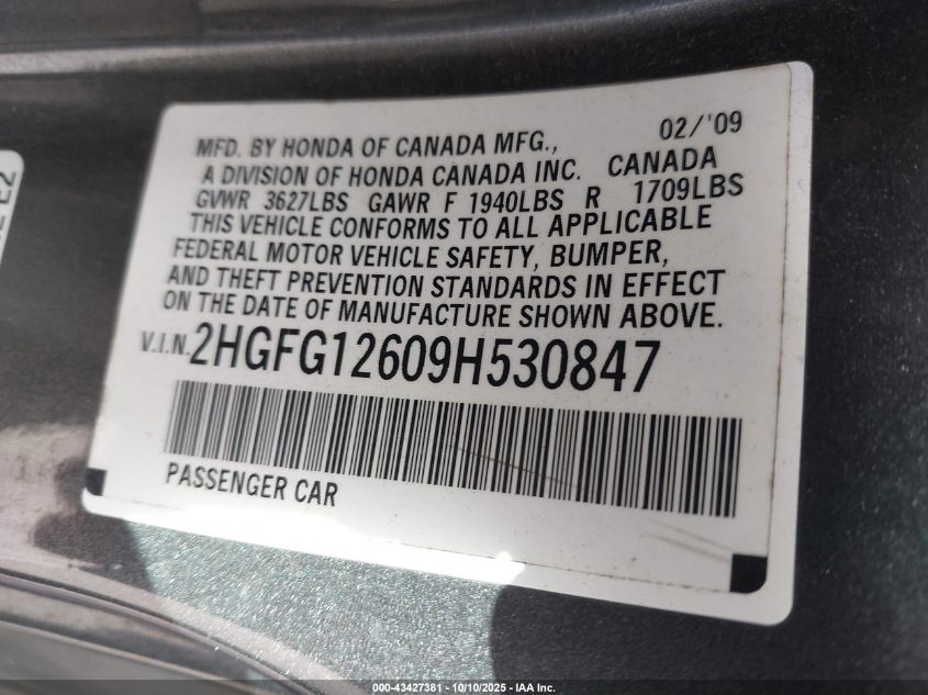 2009 Honda Civic Lx VIN: 2HGFG12609H530847 Lot: 43427381