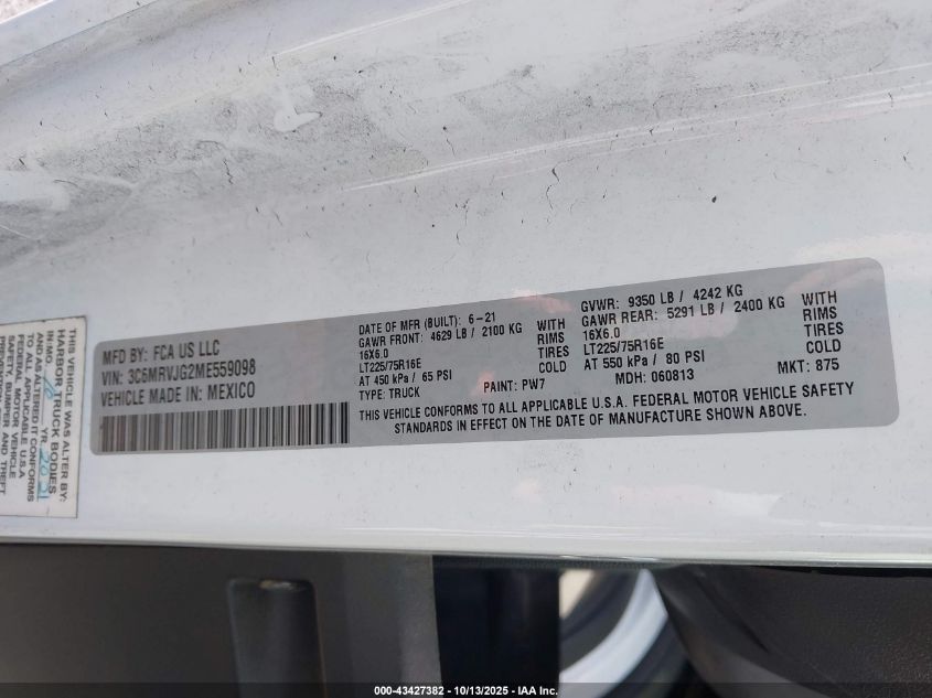 2021 Ram Promaster 3500 Cargo Van High Roof 159 Wb Ext VIN: 3C6MRVJG2ME559098 Lot: 43427382