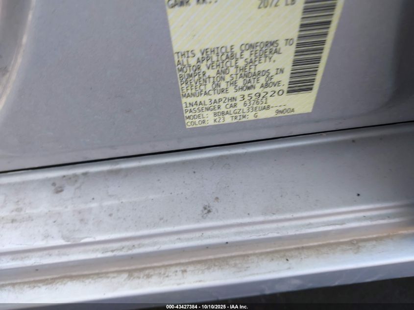 2017 Nissan Altima 2.5 S VIN: 1N4AL3AP2HN359220 Lot: 43427384