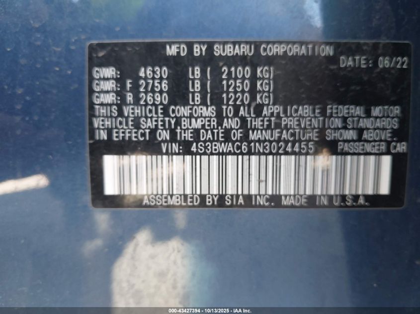 2022 Subaru Legacy Premium VIN: 4S3BWAC61N3024455 Lot: 43427394