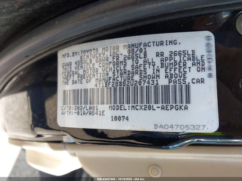 2002 Toyota Avalon Xls VIN: 4T1BF28B82U207431 Lot: 43427404