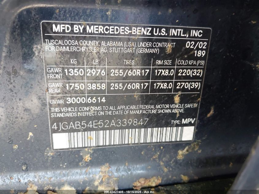 2002 Mercedes-Benz Ml 320 VIN: 4JGAB54E52A339847 Lot: 43427405