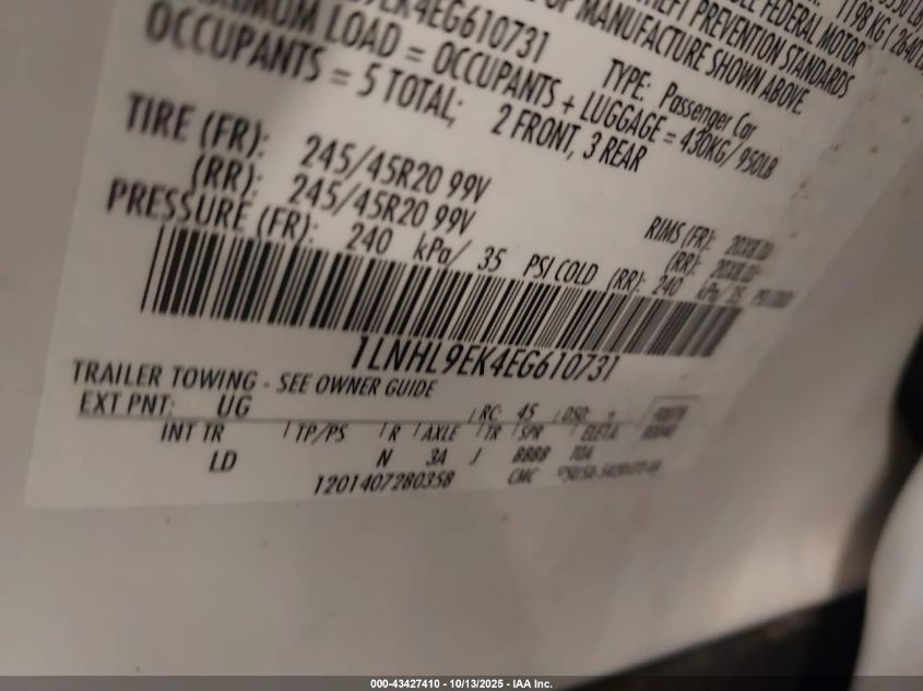 2014 Lincoln Mks VIN: 1LNHL9EK4EG610731 Lot: 43427410