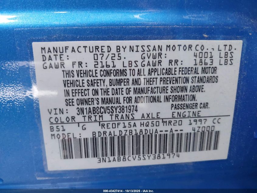 2025 Nissan Sentra Sv VIN: 3N1AB8CV5SY381974 Lot: 43427414