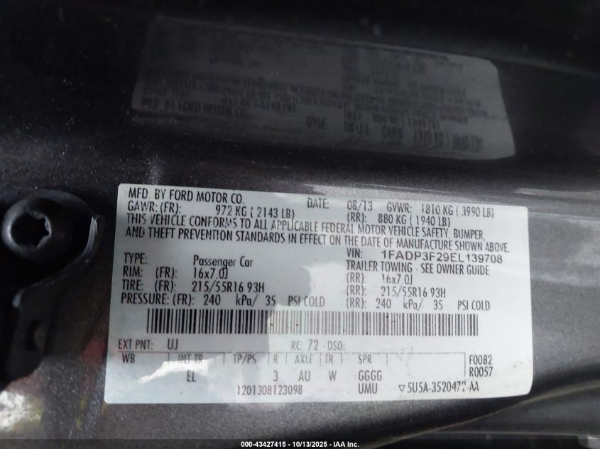 2014 Ford Focus Se VIN: 1FADP3F29EL139708 Lot: 43427415